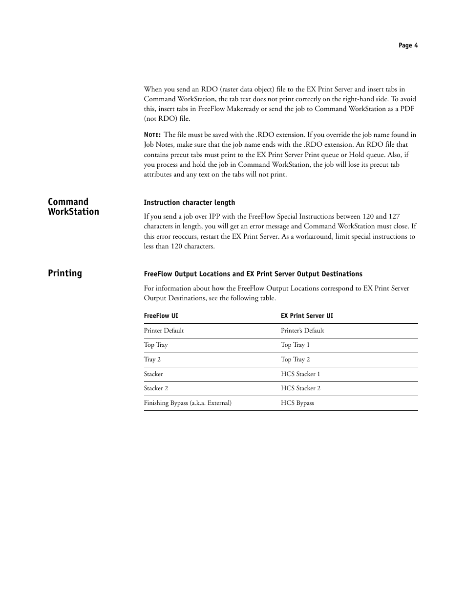 Command workstation, Instruction character length, Printing | Xerox iGen4 Digital Press con Xerox EX Print Server Powered by Fiery-16492 User Manual | Page 4 / 44