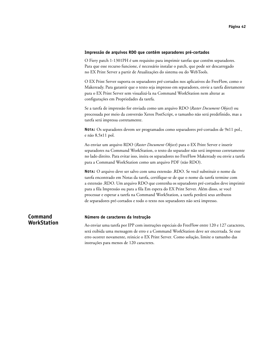 Command workstation, Número de caracteres da instrução | Xerox iGen4 Digital Press con Xerox EX Print Server Powered by Fiery-16492 User Manual | Page 42 / 44