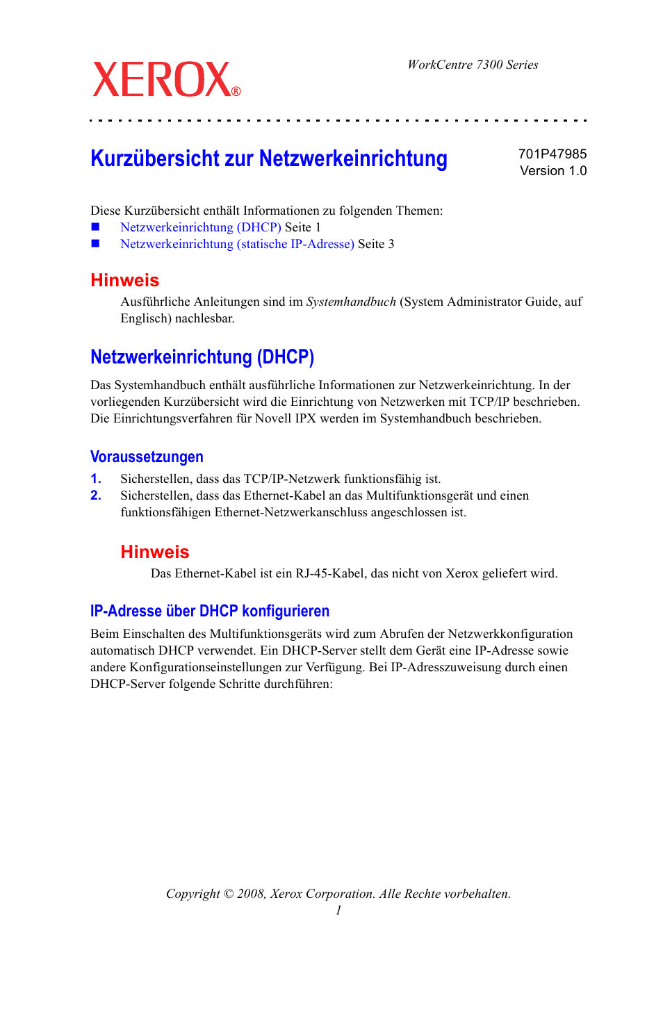 Kurzübersicht zur netzwerkeinrichtung, Netzwerkeinrichtung (dhcp), Voraussetzungen | Ip-adresse über dhcp konfigurieren, Hinweis | Xerox WorkCentre 7328-7335-7345-7346 con built-in controller-15746 User Manual | Page 13 / 24