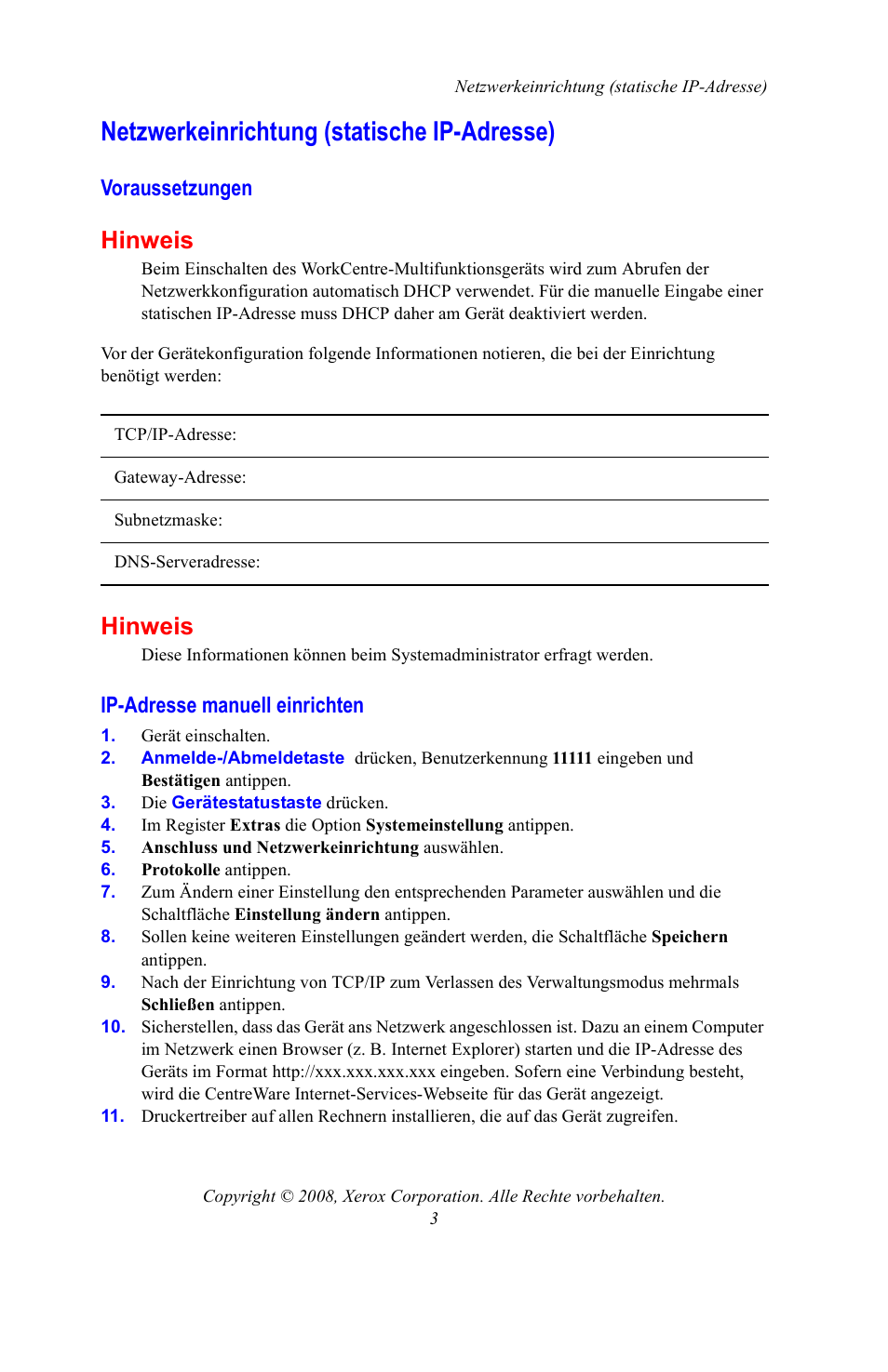 Netzwerkeinrichtung (statische ip-adresse), Voraussetzungen, Ip-adresse manuell einrichten | Seite 3, Hinweis | Xerox WorkCentre 7328-7335-7345-7346 con built-in controller-15746 User Manual | Page 15 / 24