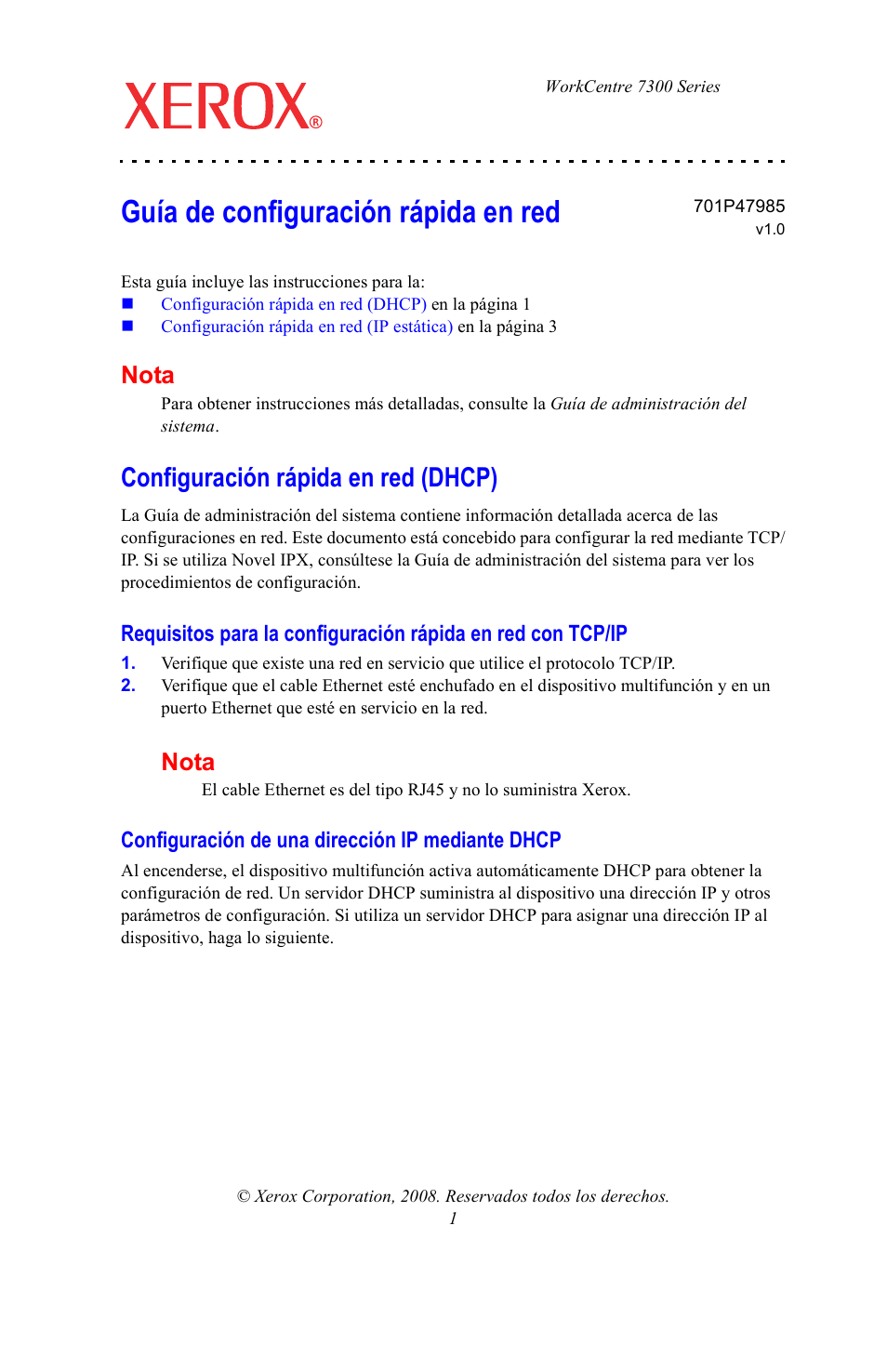 Guía de configuración rápida en red, Configuración rápida en red (dhcp), Configuración de una dirección ip mediante dhcp | Nota | Xerox WorkCentre 7328-7335-7345-7346 con built-in controller-15746 User Manual | Page 17 / 24