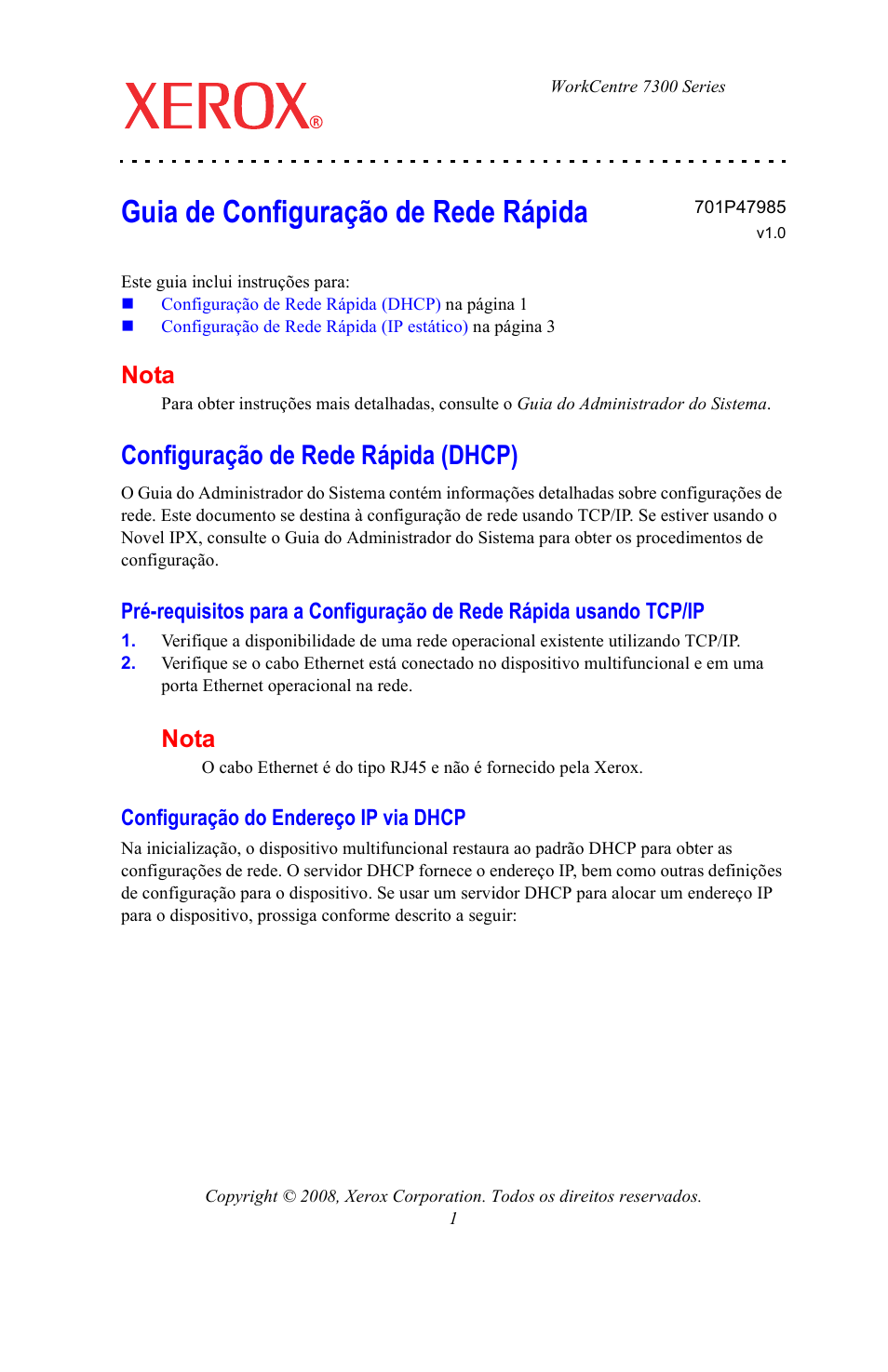 Guia de configuração de rede rápida, Configuração de rede rápida (dhcp), Configuração do endereço ip via dhcp | Nota | Xerox WorkCentre 7328-7335-7345-7346 con built-in controller-15746 User Manual | Page 21 / 24