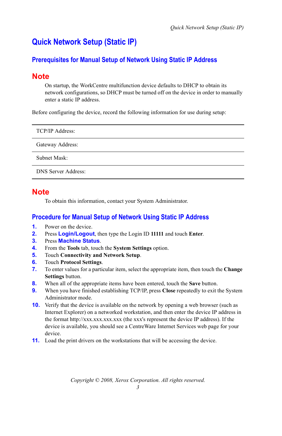 Quick network setup (static ip) | Xerox WorkCentre 7328-7335-7345-7346 con built-in controller-15746 User Manual | Page 3 / 24