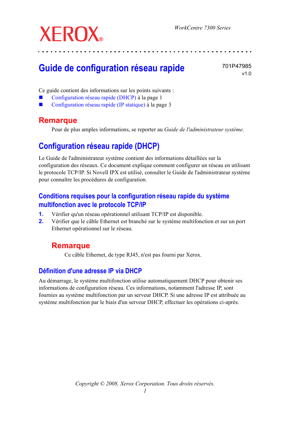 Guide de configuration réseau rapide, Configuration réseau rapide (dhcp), Définition d'une adresse ip via dhcp | Remarque | Xerox WorkCentre 7328-7335-7345-7346 con built-in controller-15746 User Manual | Page 5 / 24