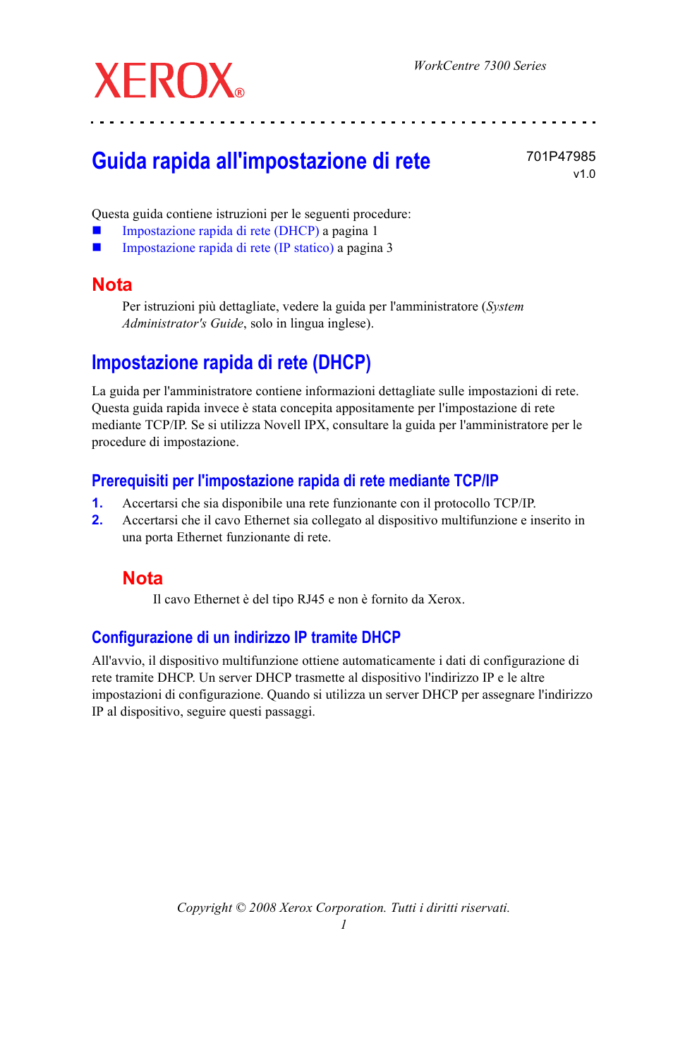 Guida rapida all'impostazione di rete, Impostazione rapida di rete (dhcp), Configurazione di un indirizzo ip tramite dhcp | Nota | Xerox WorkCentre 7328-7335-7345-7346 con built-in controller-15746 User Manual | Page 9 / 24