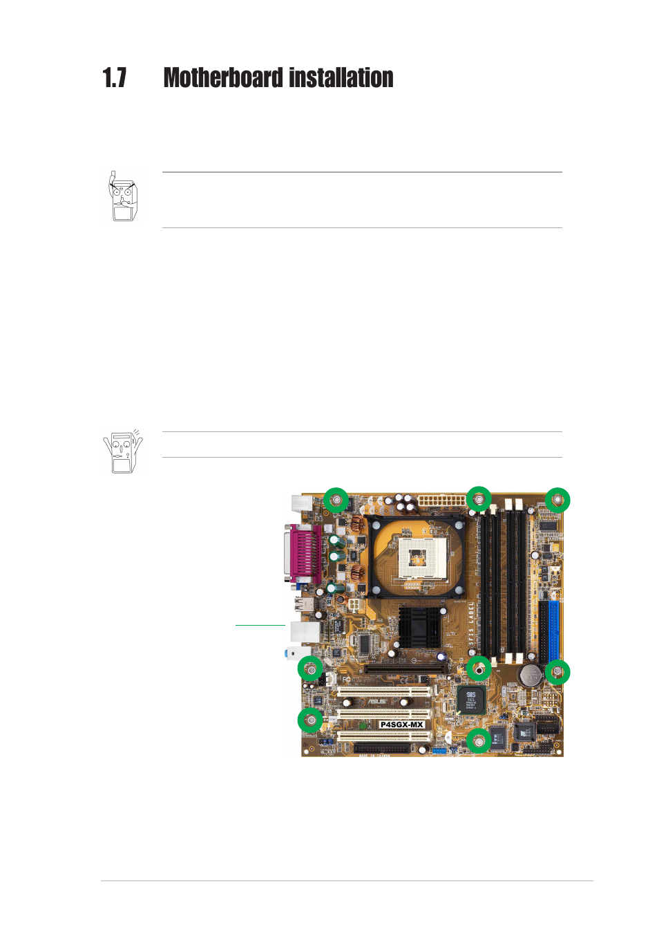 7 motherboard installation, 1 placement direction, 2 screw holes | Asus P4SGX-MX User Manual | Page 19 / 64