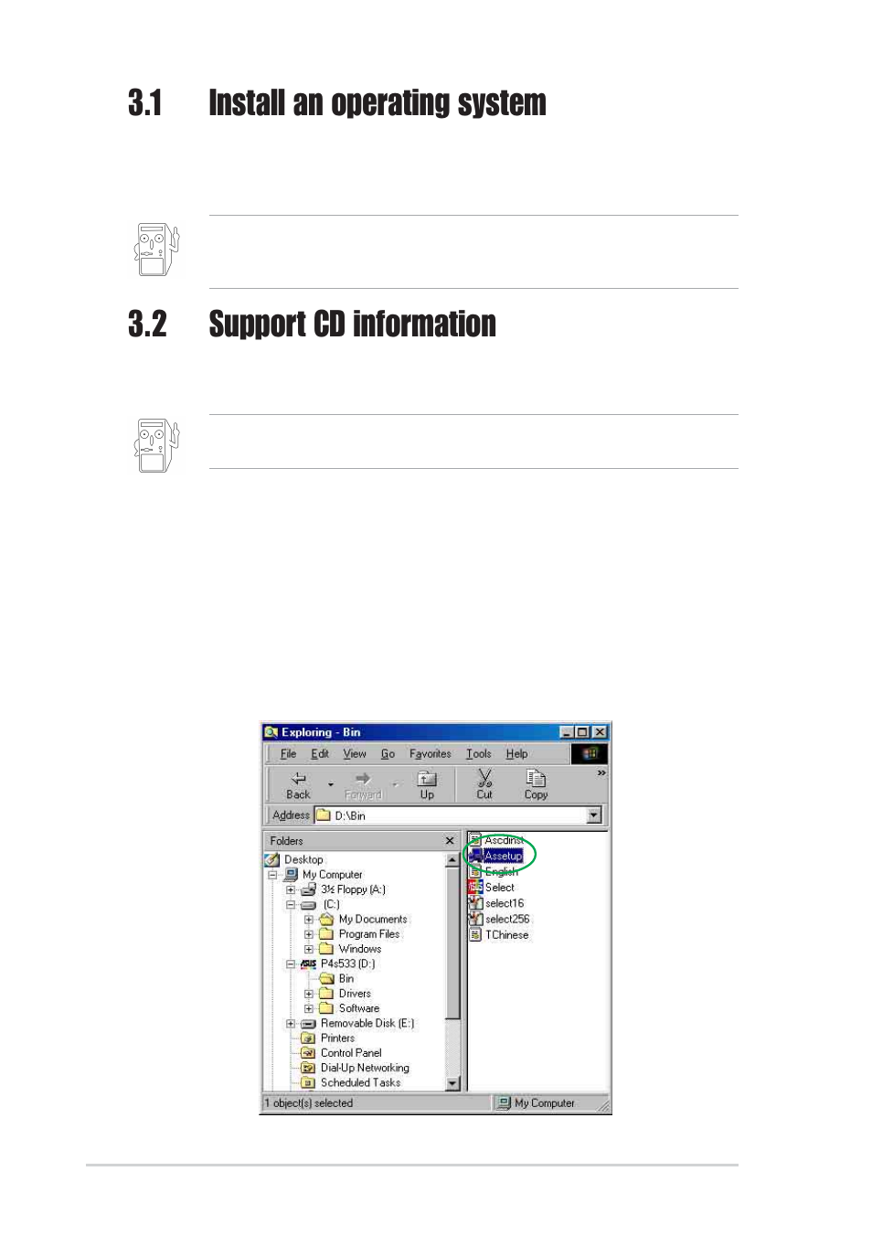 1 install an operating system, 2 support cd information | Asus P4SGX-MX User Manual | Page 62 / 64