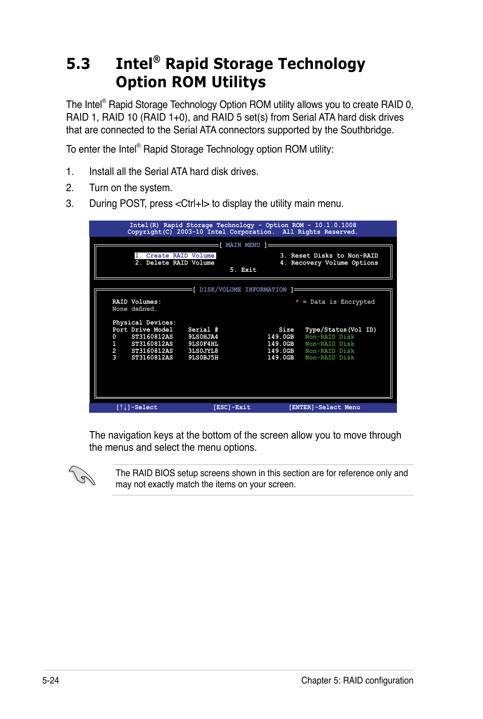 3 intel, Rapid storage technology option rom utilitys, The intel | Asus TS100-E7 User Manual | Page 108 / 134