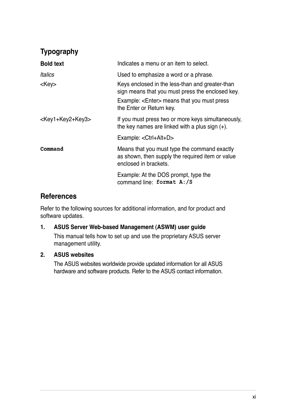 References, Typography | Asus TS100-E7 User Manual | Page 11 / 134