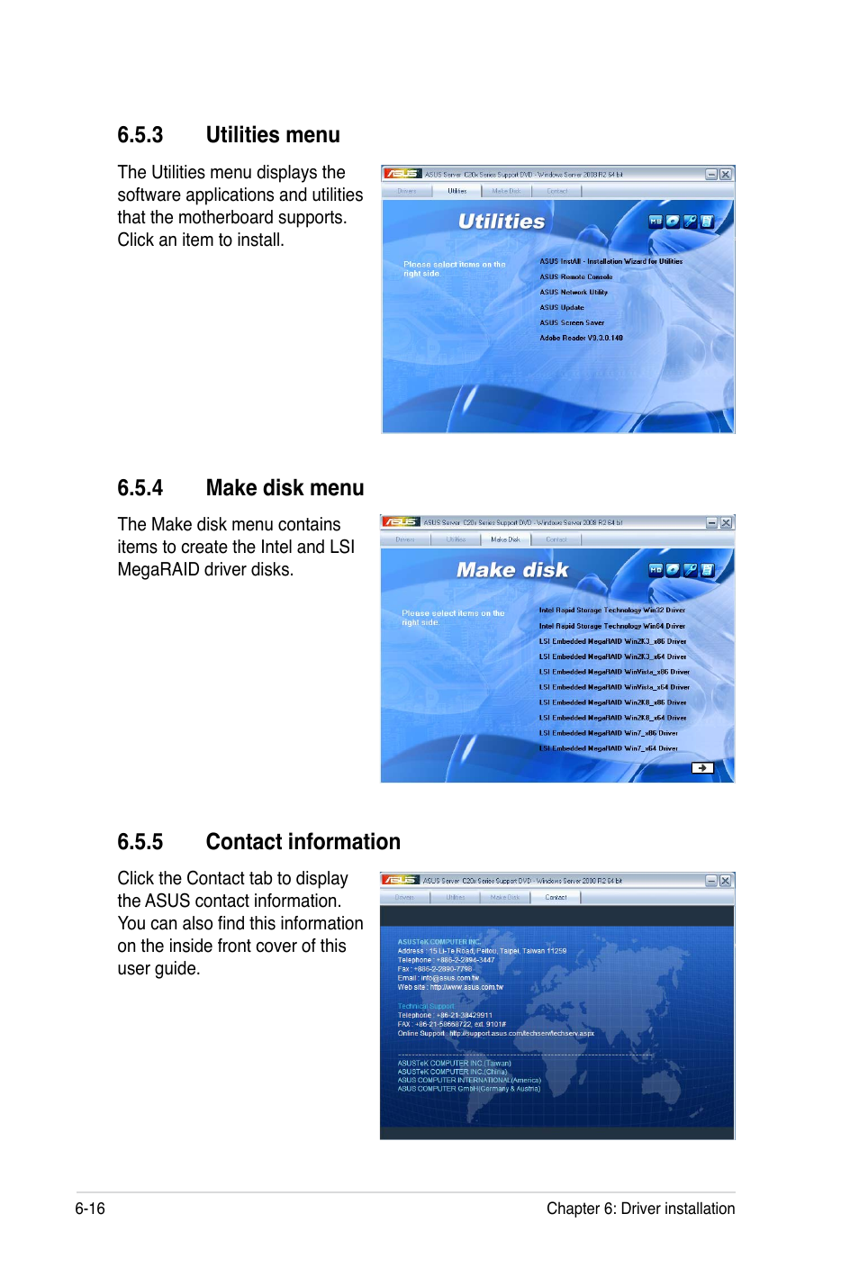 3 utilities menu, 4 make disk menu, 5 contact information | Asus TS100-E7 User Manual | Page 134 / 134