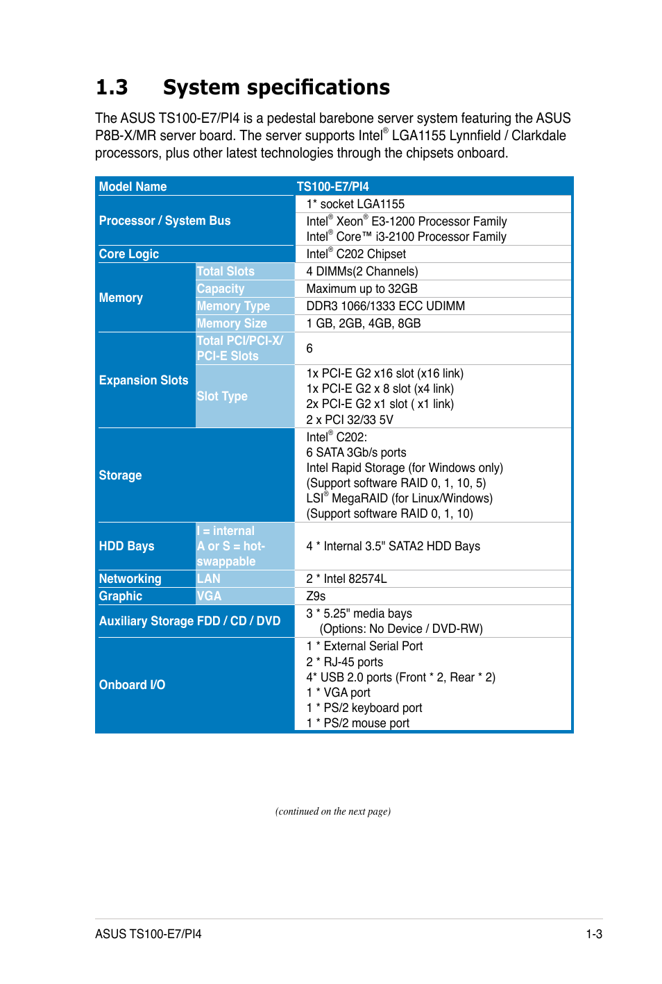 3 system specifications | Asus TS100-E7 User Manual | Page 15 / 134