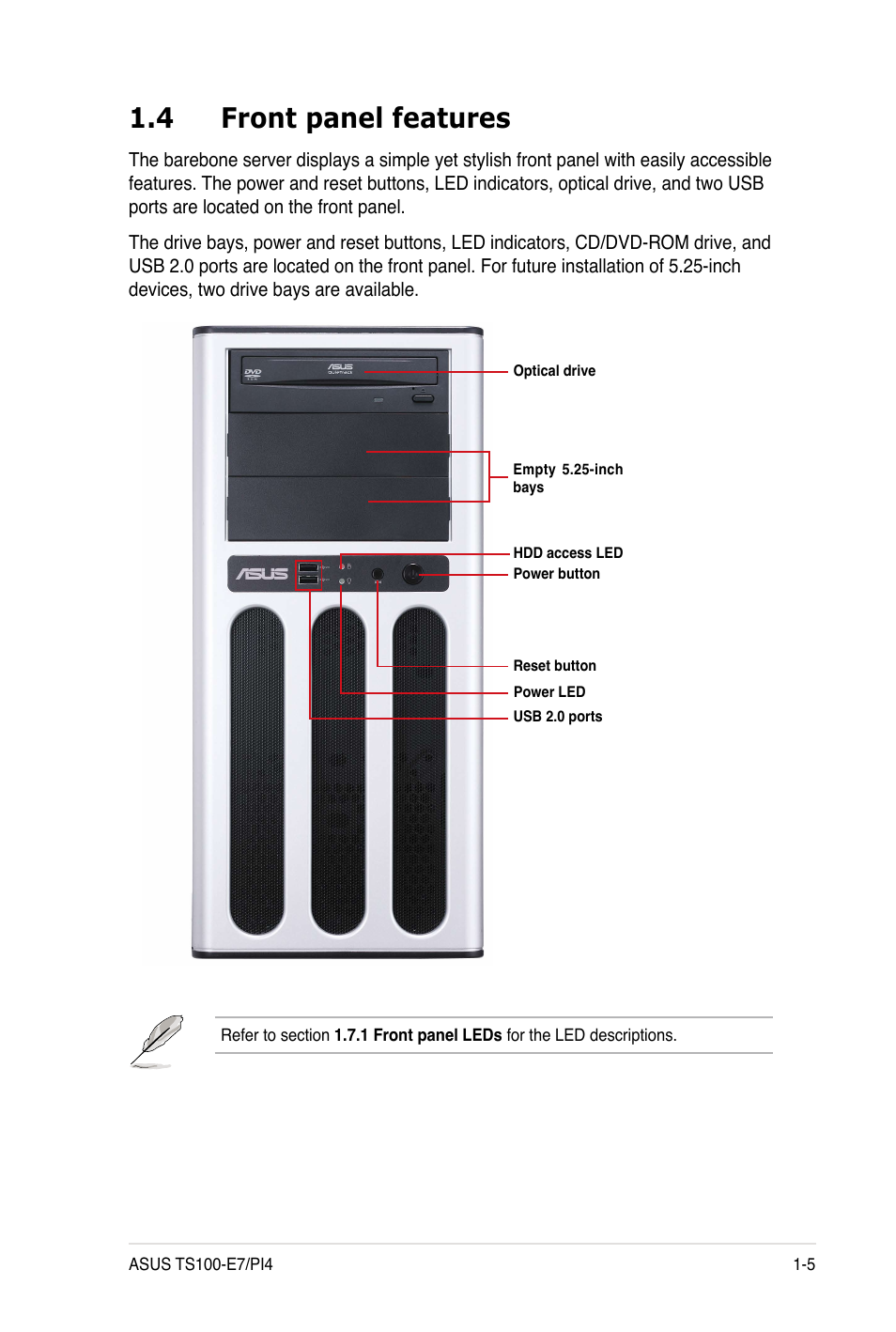 4 front panel features | Asus TS100-E7 User Manual | Page 17 / 134