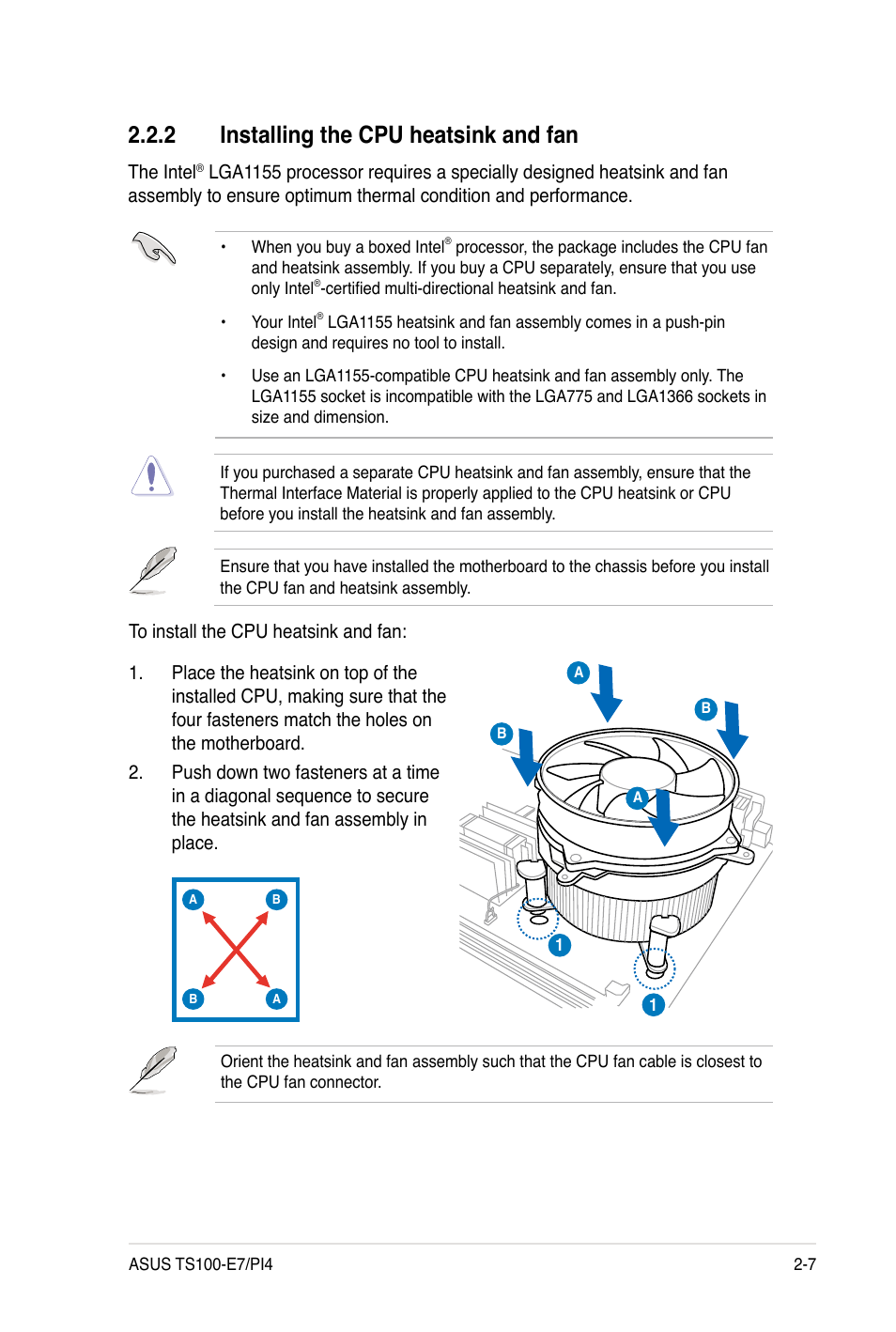 2 installing the cpu heatsink and fan | Asus TS100-E7 User Manual | Page 27 / 134