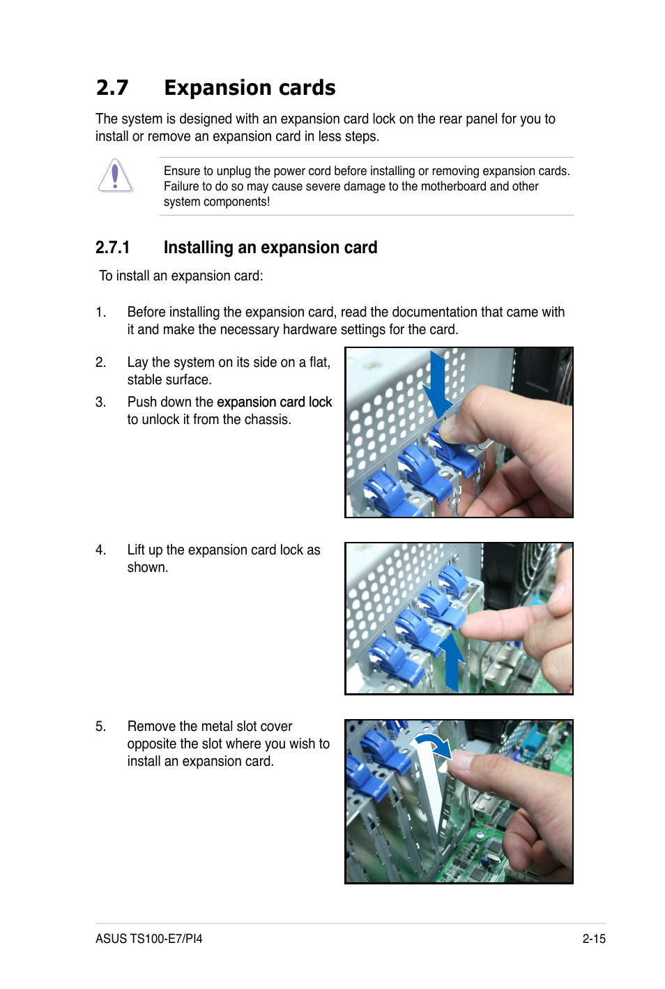 7 expansion cards, 1 installing an expansion card | Asus TS100-E7 User Manual | Page 35 / 134