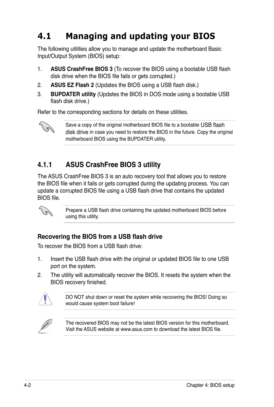 1 managing and updating your bios, 1 asus crashfree bios 3 utility | Asus TS100-E7 User Manual | Page 58 / 134