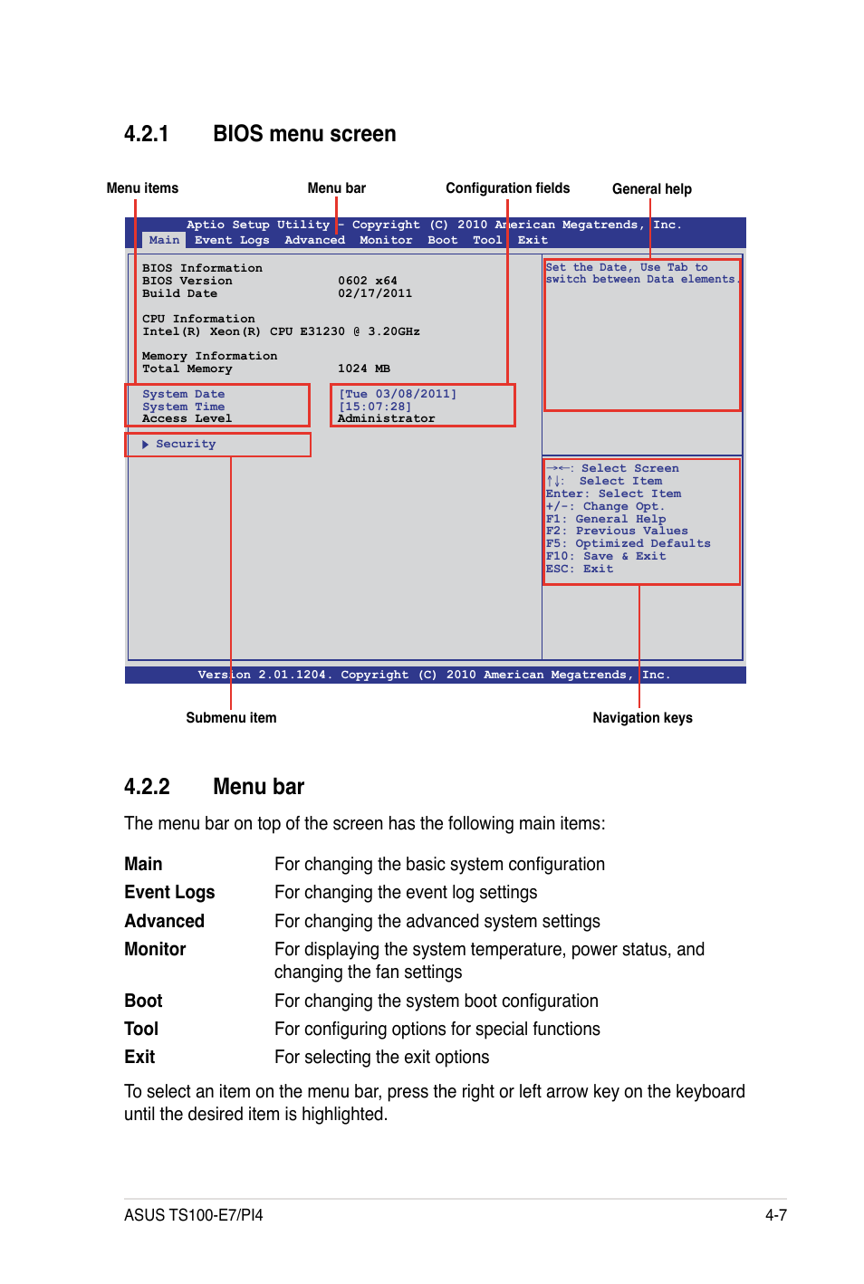 2 menu bar, 1 bios menu screen | Asus TS100-E7 User Manual | Page 63 / 134