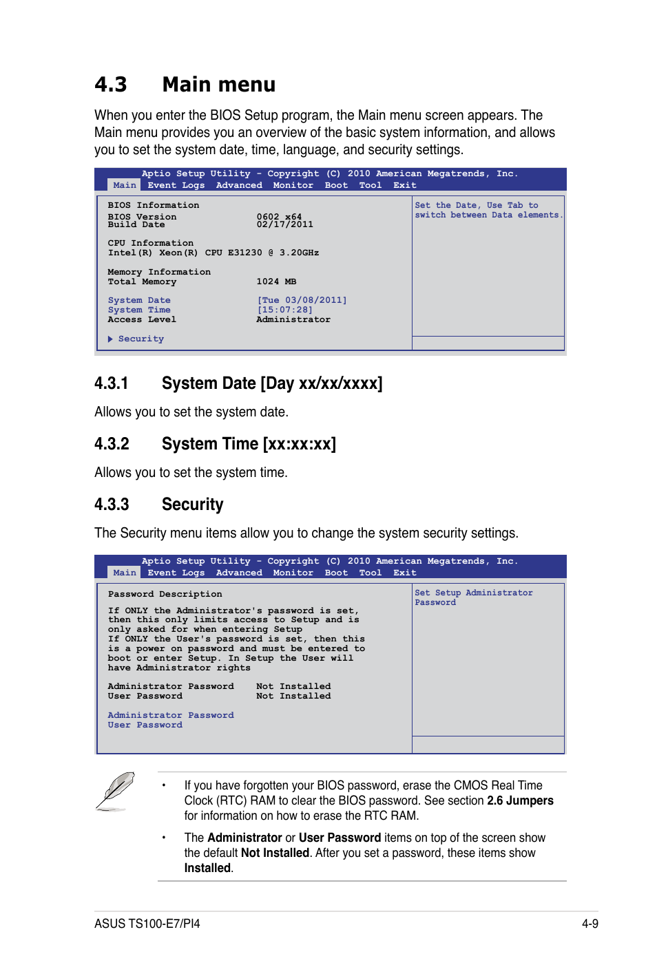 3 main menu, 2 system time [xx:xx:xx, 3 security | Allows you to set the system date, Allows you to set the system time | Asus TS100-E7 User Manual | Page 65 / 134