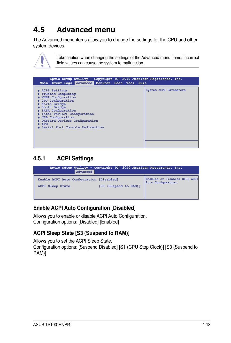 5 advanced menu, 1 acpi settings, Enable acpi auto configuration [disabled | Acpi sleep state [s3 (suspend to ram) | Asus TS100-E7 User Manual | Page 69 / 134