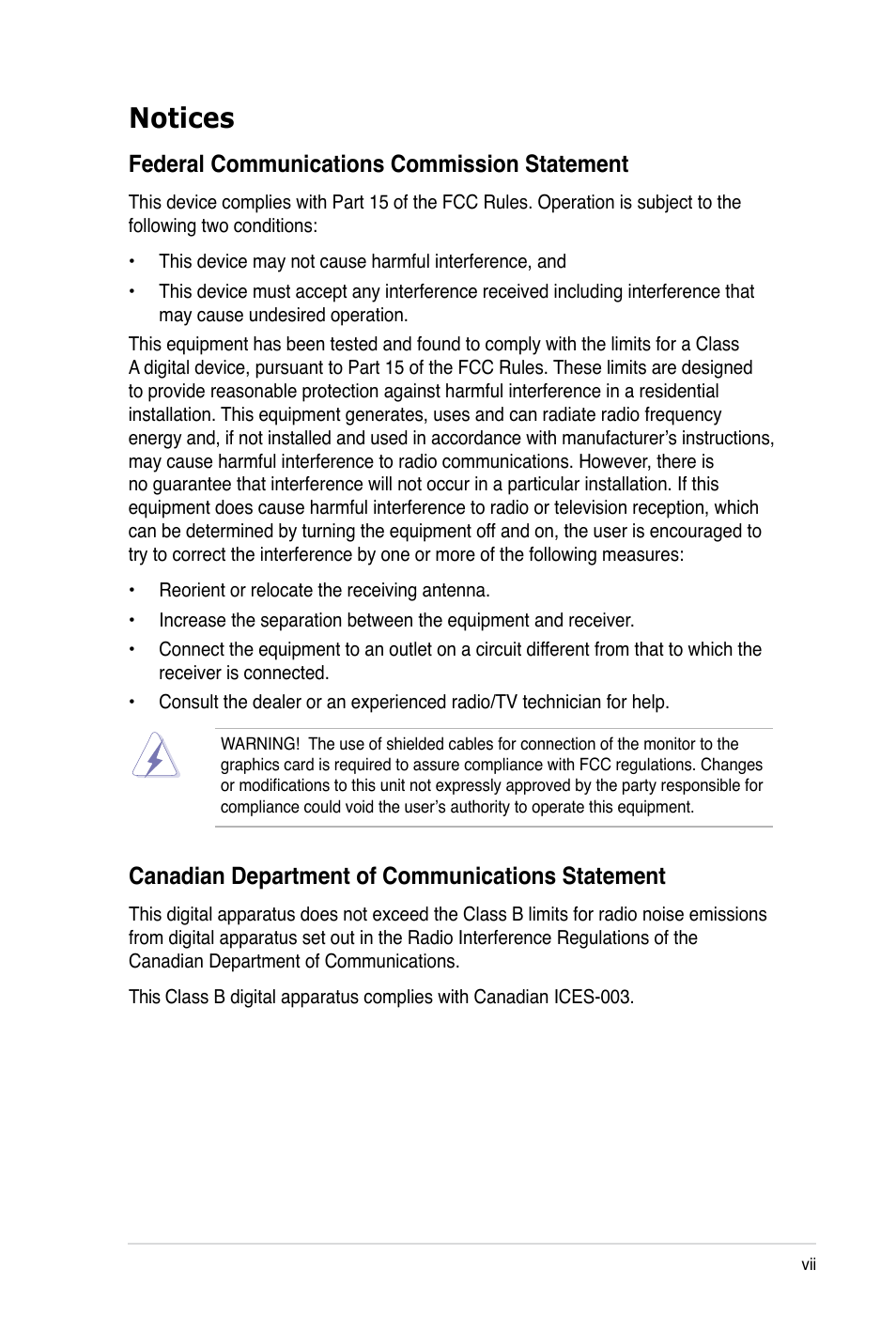 Notices, Federal communications commission statement, Canadian department of communications statement | Asus TS100-E7 User Manual | Page 7 / 134