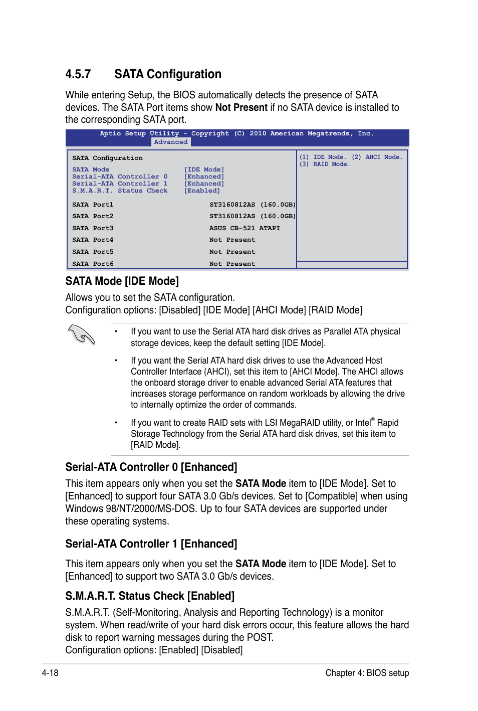 7 sata configuration, Sata mode [ide mode, Serial-ata controller 0 [enhanced | Serial-ata controller 1 [enhanced, S.m.a.r.t. status check [enabled | Asus TS100-E7 User Manual | Page 74 / 134