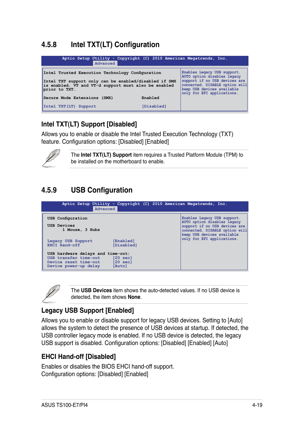 9 usb configuration, 8 intel txt(lt) configuration, Legacy usb support [enabled | Ehci hand-off [disabled, Intel txt(lt) support [disabled | Asus TS100-E7 User Manual | Page 75 / 134