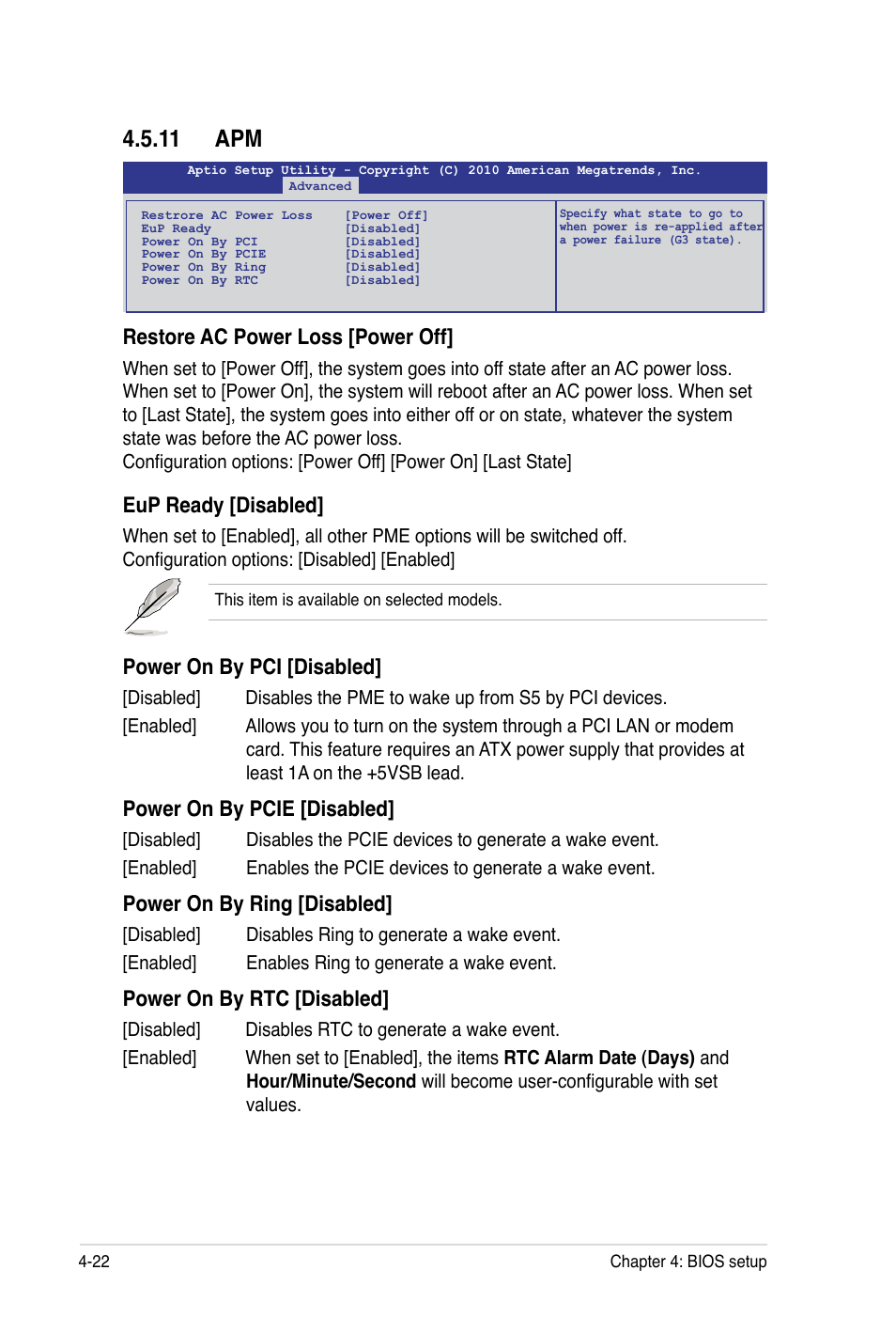 11 apm, Restore ac power loss [power off, Eup ready [disabled | Power on by pci [disabled, Power on by pcie [disabled, Power on by ring [disabled, Power on by rtc [disabled | Asus TS100-E7 User Manual | Page 78 / 134