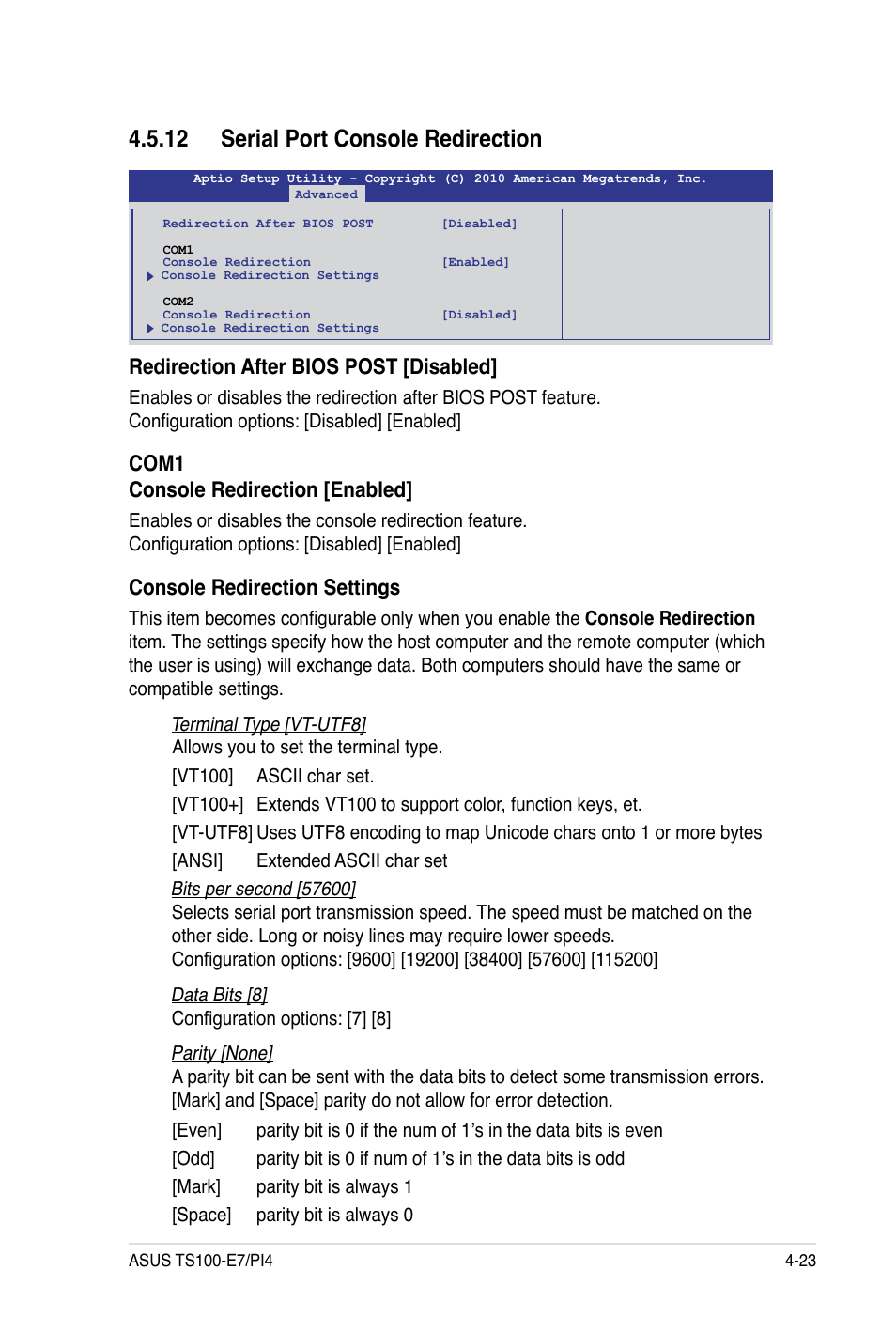 12 serial port console redirection, Redirection after bios post [disabled, Com1 console redirection [enabled | Console redirection settings | Asus TS100-E7 User Manual | Page 79 / 134