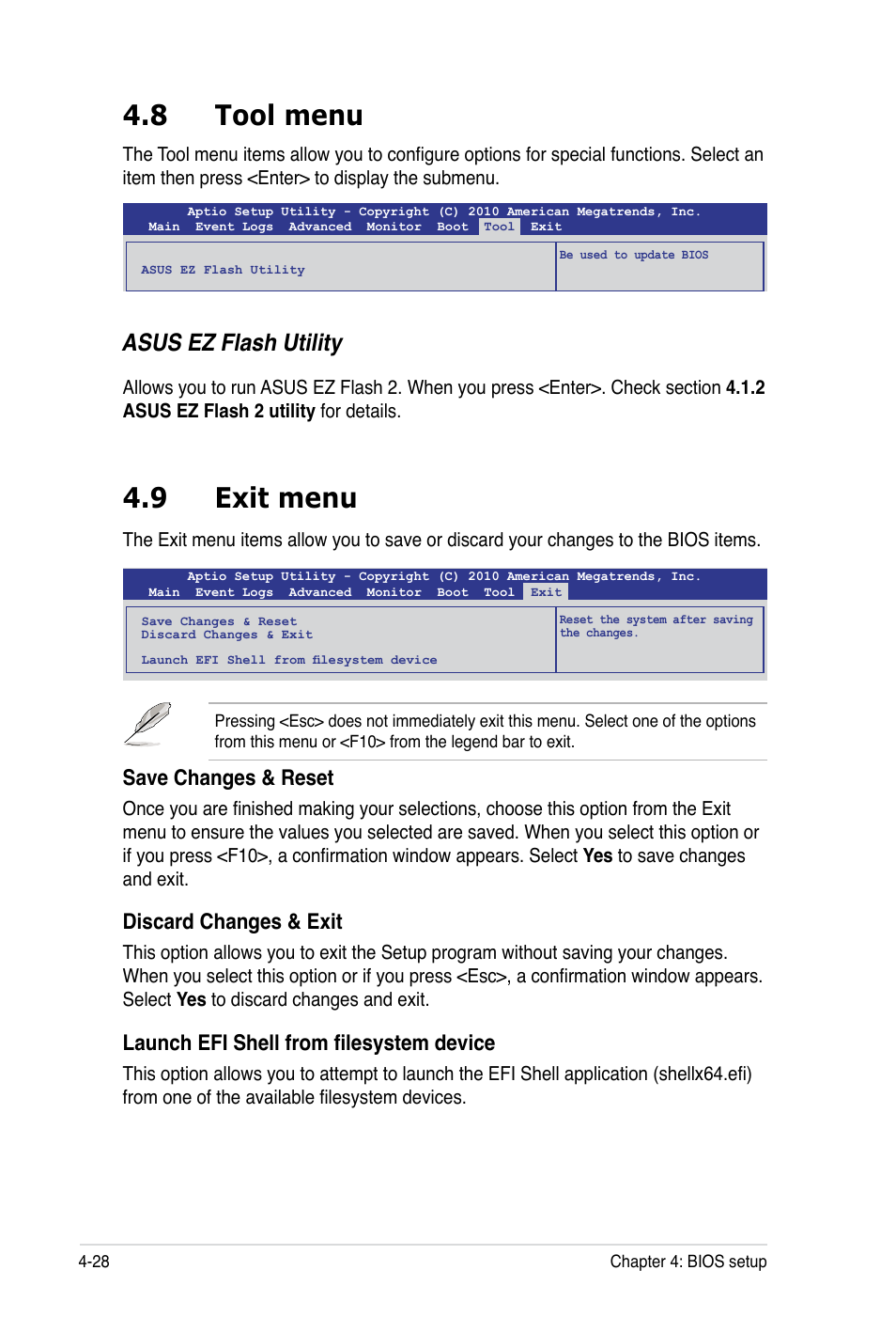 8 tool menu, 9 exit menu, Asus ez flash utility | Save changes & reset, Discard changes & exit, Launch efi shell from filesystem device | Asus TS100-E7 User Manual | Page 84 / 134