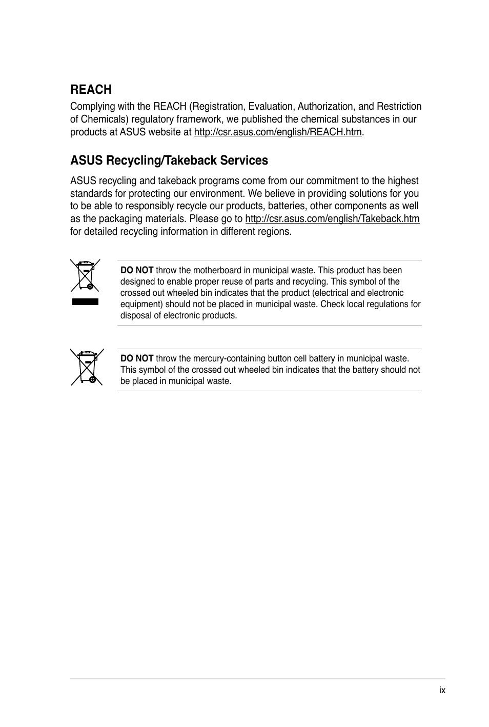 Reach, Asus recycling/takeback services | Asus TS100-E7 User Manual | Page 9 / 134