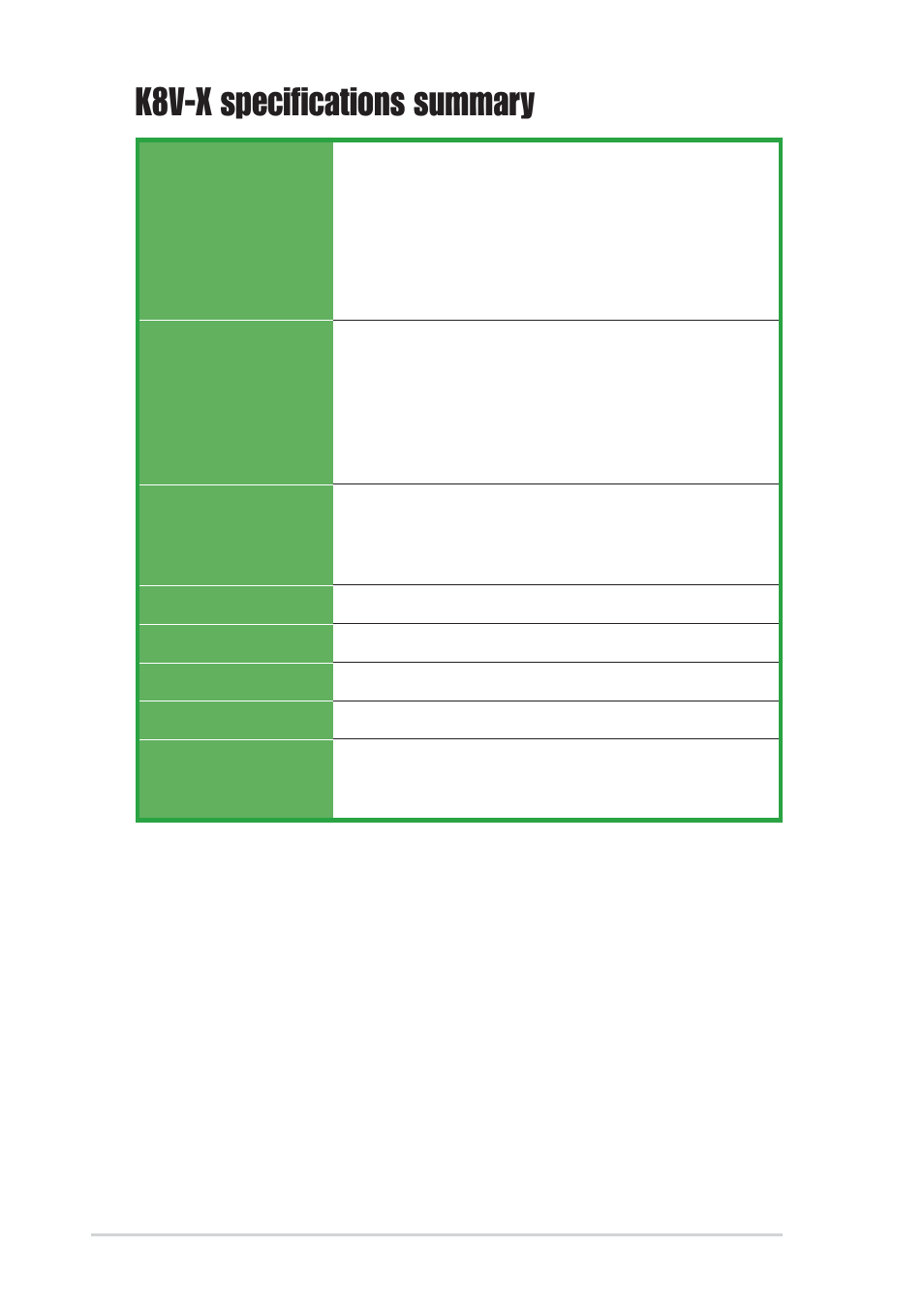 K8v-x specifications summary | Asus Motherboard K8V-X User Manual | Page 10 / 84