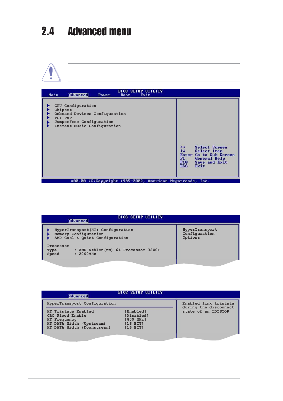 4 advanced menu, 1 cpu configuration, Hypertransport configuration | Ht tristate enable [enabled, 14 chapter 2: bios setup | Asus Motherboard K8V-X User Manual | Page 50 / 84