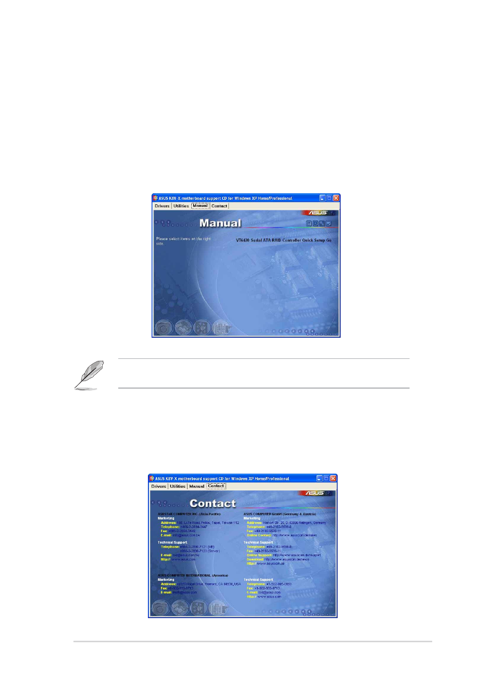 5 asus contact information, 4 manual menu, I’m intouch remote access application | Asus Motherboard K8V-X User Manual | Page 75 / 84