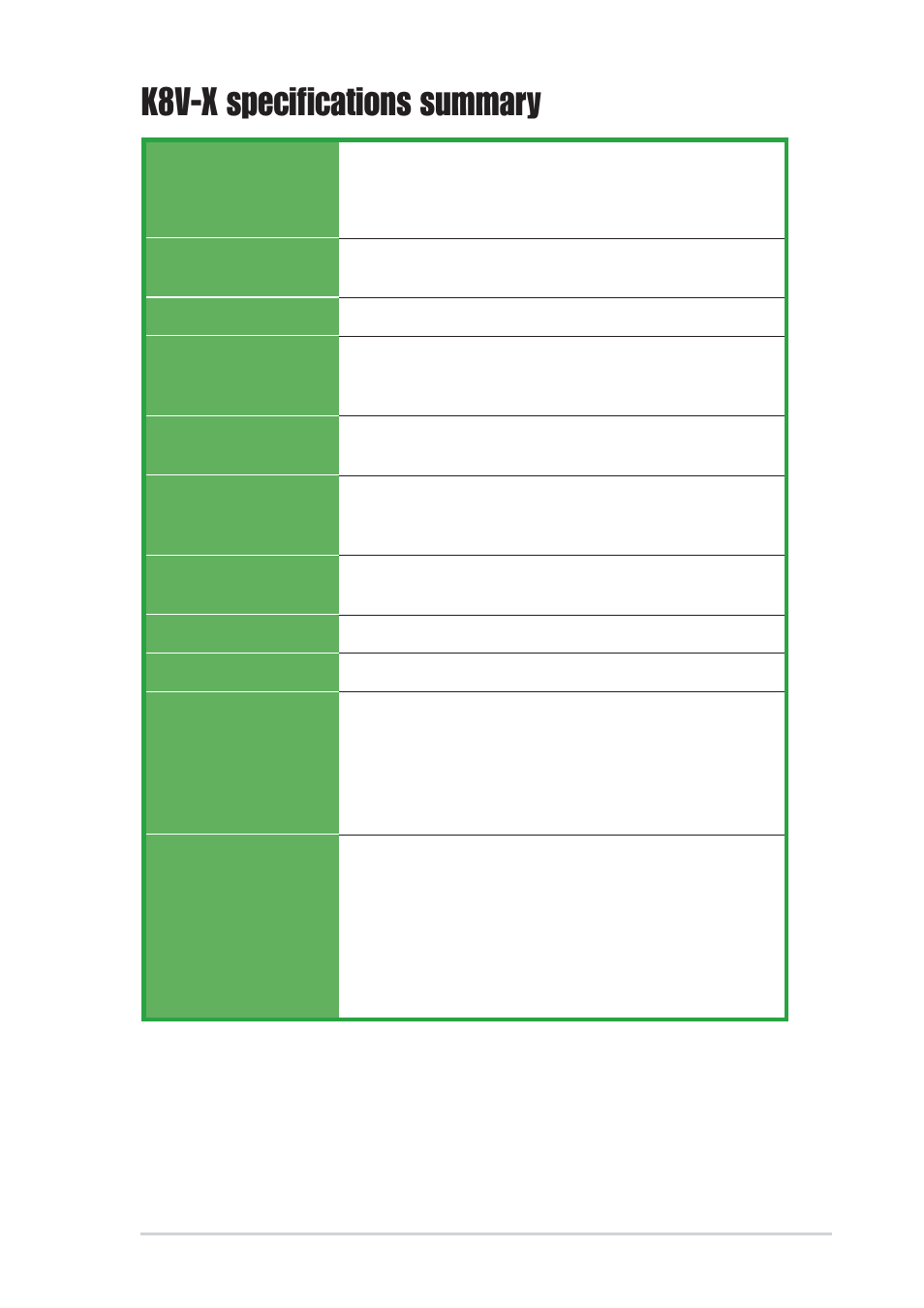 K8v-x specifications summary | Asus Motherboard K8V-X User Manual | Page 9 / 84