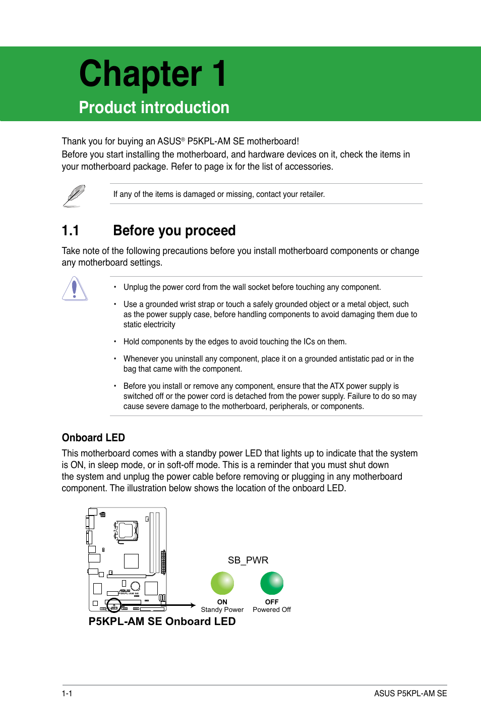 1 before you proceed, Before you proceed -1, Chapter 1 | Product introduction | Asus P5KPL-AM SE User Manual | Page 10 / 40