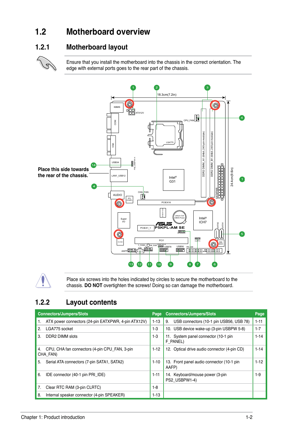 2 motherboard overview, 1 motherboard layout, 2 layout contents | Motherboard overview -2 1.2.1, Motherboard layout -2, Layout contents -2 | Asus P5KPL-AM SE User Manual | Page 11 / 40