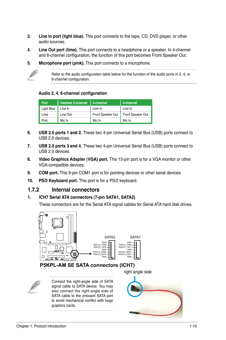 2 internal connectors, Internal connectors -10, P5kpl-am se sata connectors (ich7) | Audio 2, 4, 6-channel configuration, Right angle side | Asus P5KPL-AM SE User Manual | Page 19 / 40