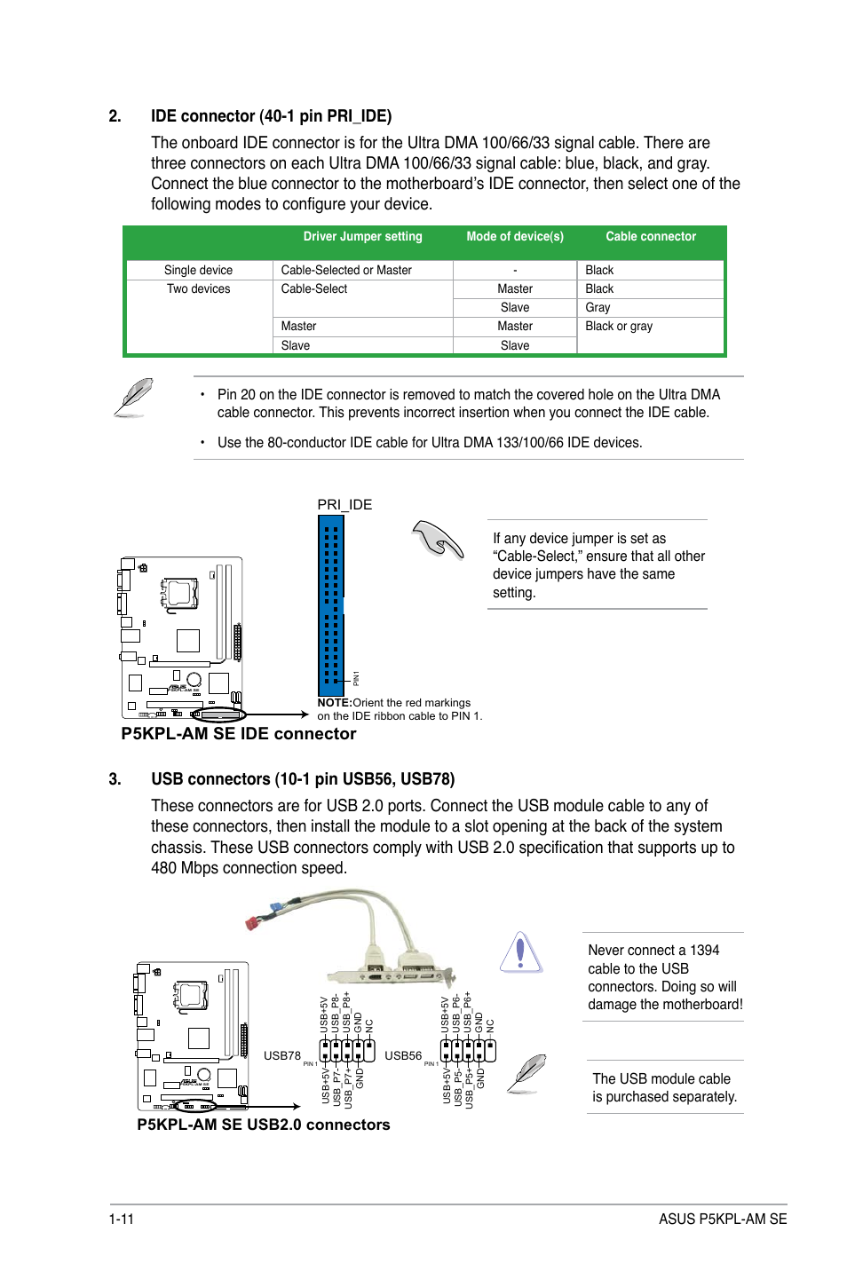 P5kpl-am se ide connector, P5kpl-am se usb2.0 connectors | Asus P5KPL-AM SE User Manual | Page 20 / 40