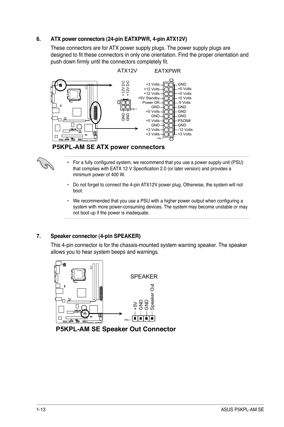 P5kpl-am se speaker out connector, P5kpl-am se atx power connectors, Speaker | Asus P5KPL-AM SE User Manual | Page 22 / 40