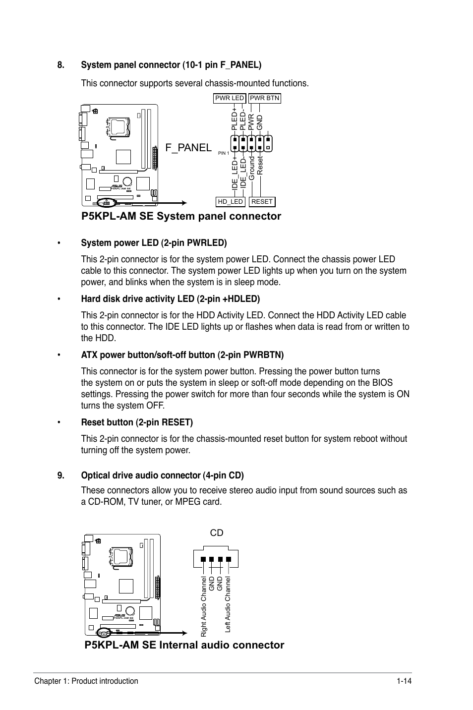 P5kpl-am se system panel connector, F_panel, P5kpl-am se internal audio connector | Asus P5KPL-AM SE User Manual | Page 23 / 40