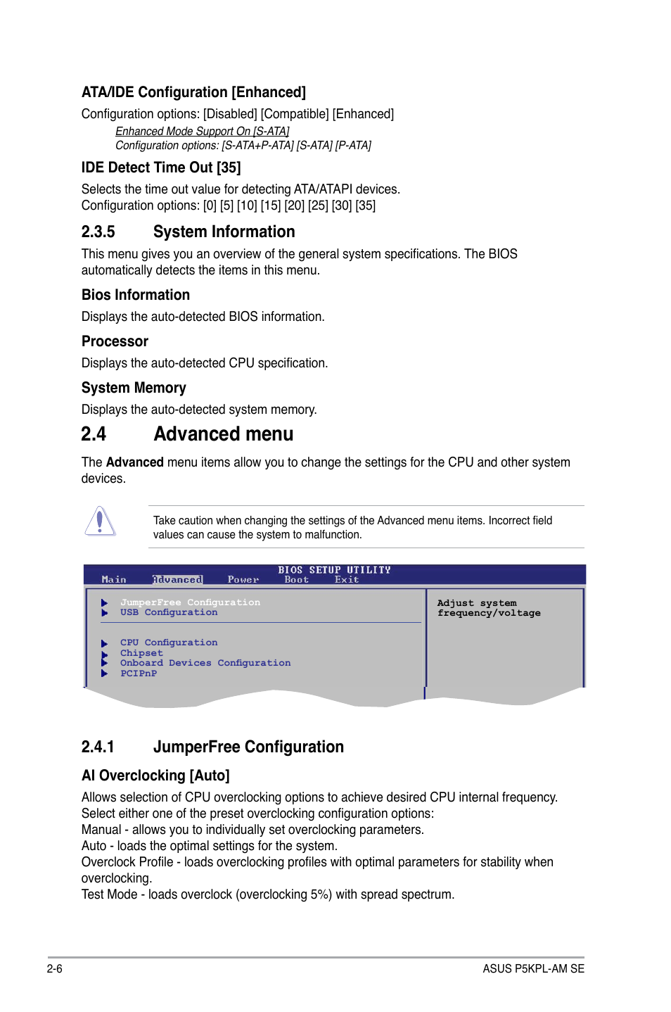 5 system information, 4 advanced menu, 1 jumperfree configuration | System information -6, Advanced menu -6 2.4.1, Jumperfree configuration -6 | Asus P5KPL-AM SE User Manual | Page 30 / 40