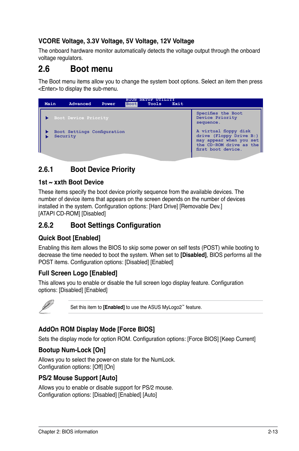 6 boot menu, 1 boot device priority, 2 boot settings configuration | Boot menu -13 2.6.1, Boot device priority -13, Boot settings configuration -13 | Asus P5KPL-AM SE User Manual | Page 37 / 40