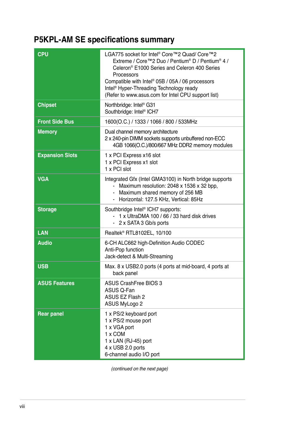 P5kpl-am se specifications summary | Asus P5KPL-AM SE User Manual | Page 8 / 40