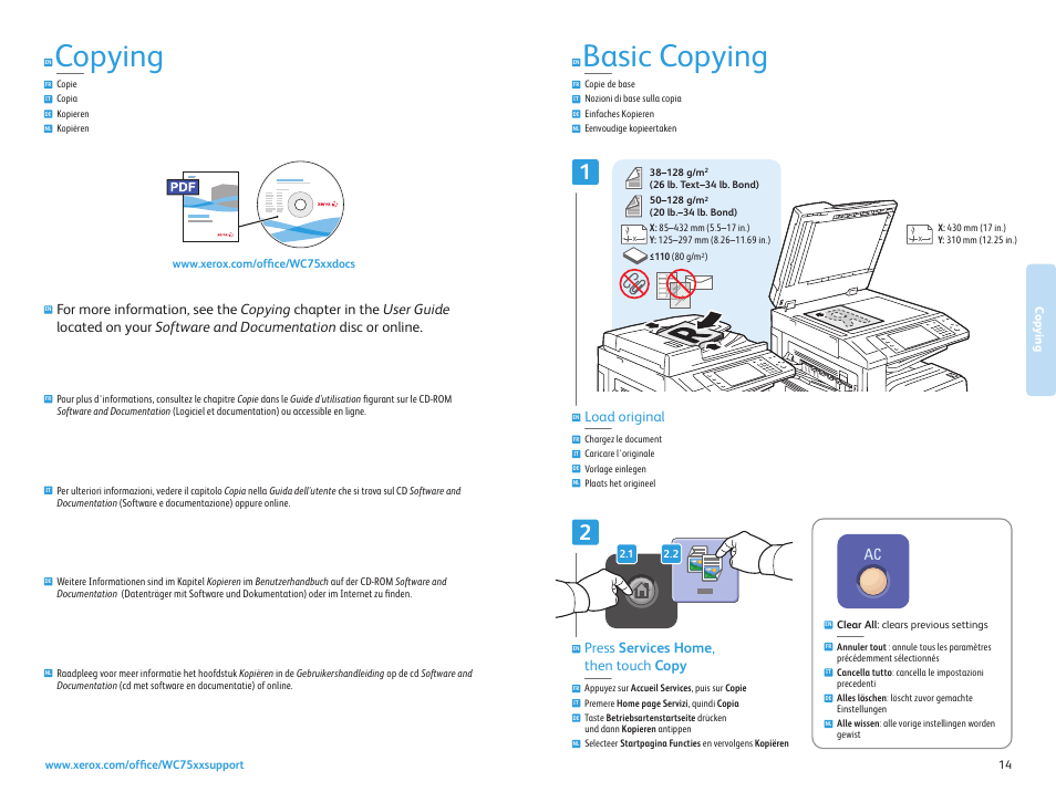 Copying, Copie copia kopieren kopiëren, Basic copying | Press services home , then touch copy, Load original | Xerox WorkCentre 7525-7530-7535-7545-7556 con EFI Fiery Controller-15407 User Manual | Page 14 / 20