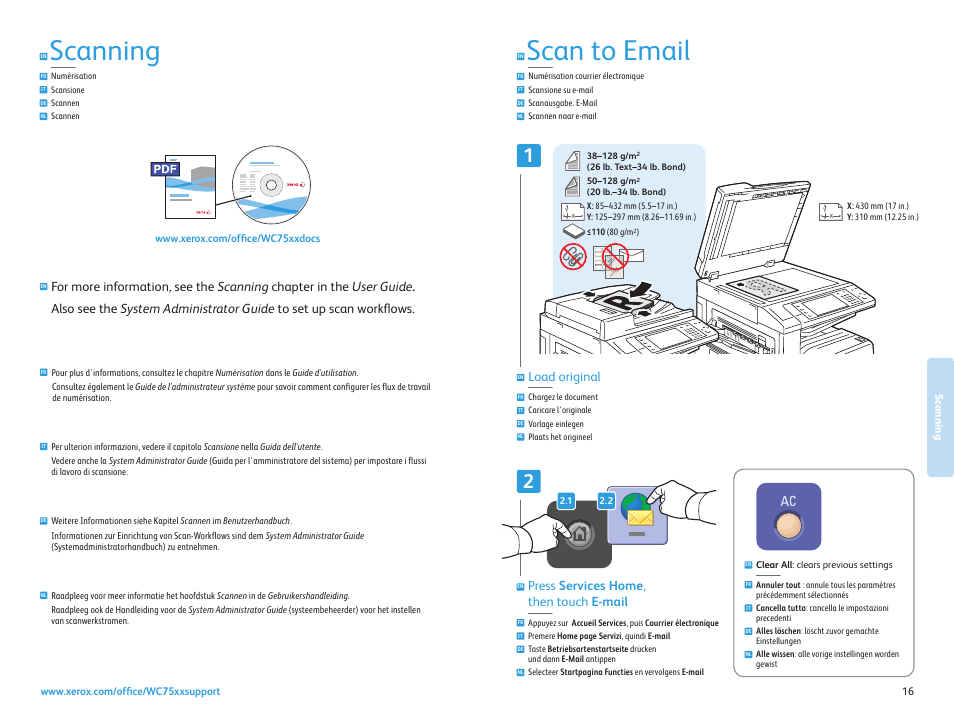 Scan to email, Scanning, Numérisation scansione scannen scannen | Press services home , then touch e-mail, Load original | Xerox WorkCentre 7525-7530-7535-7545-7556 con EFI Fiery Controller-15407 User Manual | Page 16 / 20