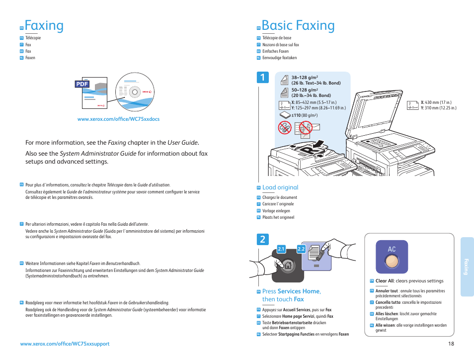 Basic faxing, Faxing, Télécopie fax fax faxen | Press services home , then touch fax, Load original | Xerox WorkCentre 7525-7530-7535-7545-7556 con EFI Fiery Controller-15407 User Manual | Page 18 / 20