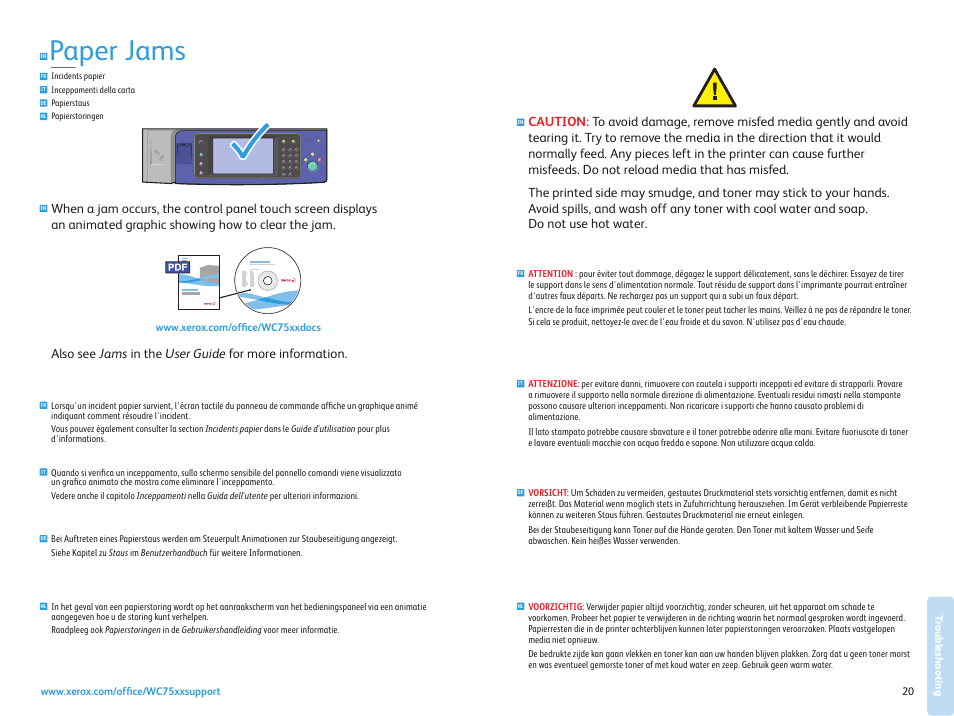 Paper jams, Troubleshooting | Xerox WorkCentre 7525-7530-7535-7545-7556 con EFI Fiery Controller-15407 User Manual | Page 20 / 20