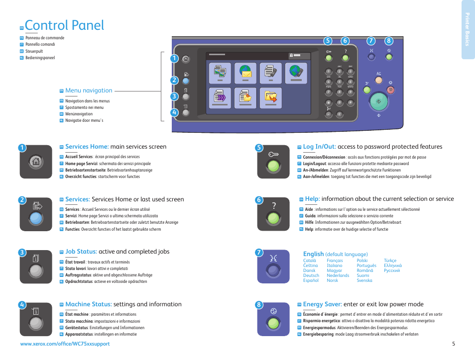 Control panel, Services home: main services screen, Services: services home or last used screen | Job status: active and completed jobs, Machine status: settings and information, Log in/out: access to password protected features, Energy saver: enter or exit low power mode, Menu navigation | Xerox WorkCentre 7525-7530-7535-7545-7556 con EFI Fiery Controller-15407 User Manual | Page 5 / 20