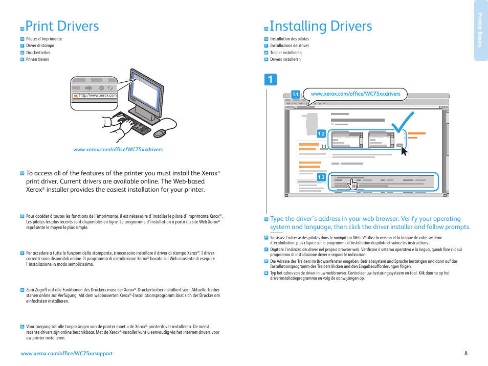 Printing, Impression stampa drucken afdrukken, Installing drivers | Print drivers | Xerox WorkCentre 7525-7530-7535-7545-7556 con EFI Fiery Controller-15407 User Manual | Page 8 / 20