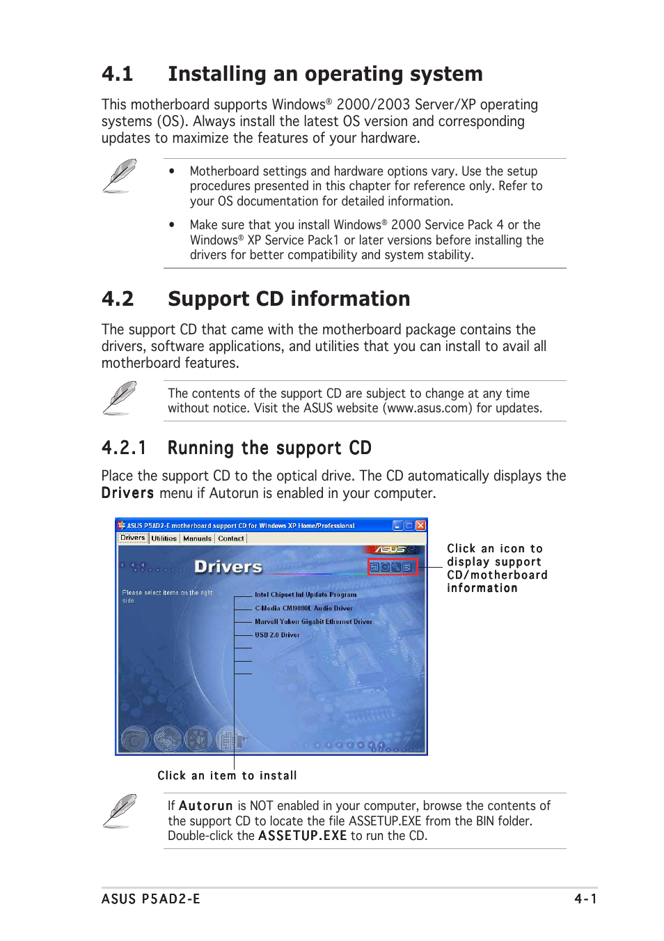 1 installing an operating system, 2 support cd information | Asus P5AD2-E User Manual | Page 103 / 122