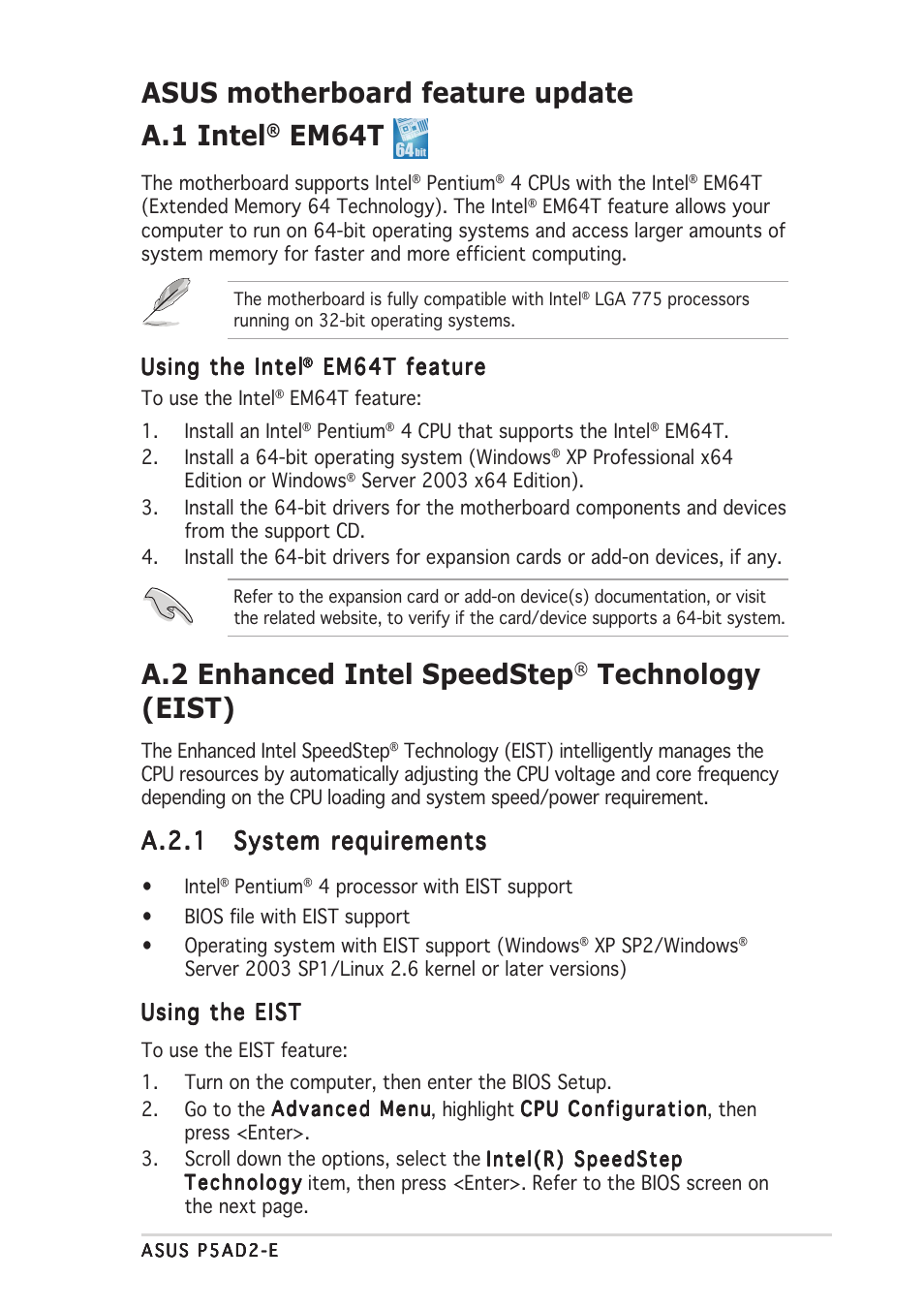 Asus motherboard feature update a.1 intel, Em64t, A.2 enhanced intel speedstep | Technology (eist), A.2.1 | Asus P5AD2-E User Manual | Page 119 / 122